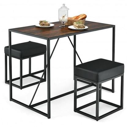 Picture of 3 Pcs Dining Set Metal Frame Kitchen Table and 2 Stools-Brown
