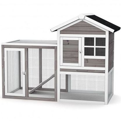 Picture of 2-Story Wooden Rabbit Hutch with Running Area-Gray