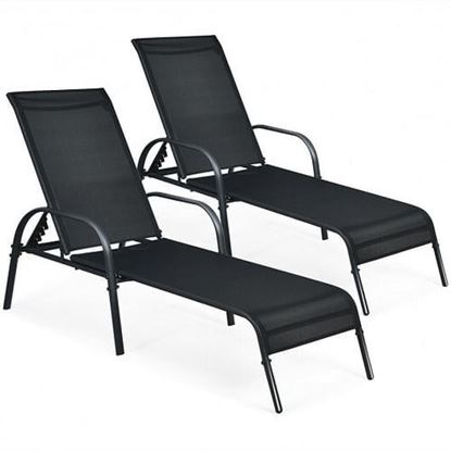 Picture of 2 Pcs Outdoor Patio Lounge Chair Chaise Fabric with Adjustable Reclining Armrest