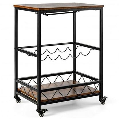 Picture of Kitchen Bar Cart Serving Trolley on Wheels with Wine Rack Glass Holder-Rustic Brown