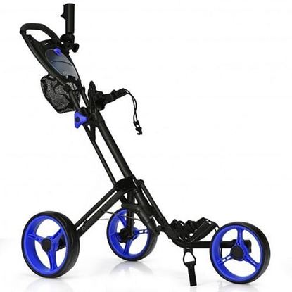 Picture of Folding 3 Wheels Golf Push Cart with Brake Scoreboard Adjustable Handle-Blue