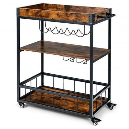 Picture of 3-Tier Rolling Kitchen Bar Cart with Wine Rack-Rustic Brown