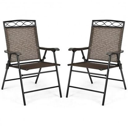 Picture of Set of 2 Patio Folding Chairs Sling Portable Dining Chair Set with Armrest