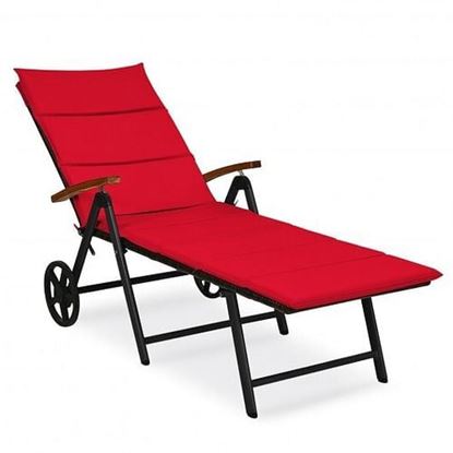 Picture of Folding Patio Rattan Lounge Chair with Wheels-Red