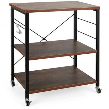 Picture of 3-Tier Kitchen Baker's Rack Microwave Oven Storage Cart with Hooks-Rustic Brown