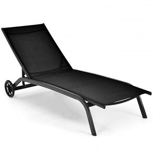 Picture of 6-Poisition Adjustable Outdoor Chaise Recliner with Wheels-Black