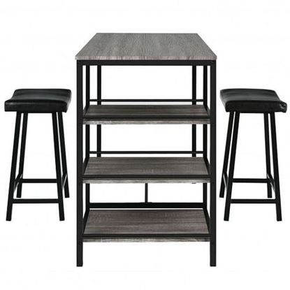 图片 3 Pieces Counter Height Dining Bar Table Set with 2 Stools and 3 Storage Shelves-Black