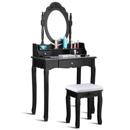 Picture of Vanity Table Set with Cushioned Stool with 360?Â° Rotating Oval Mirror and Three Drawers-White