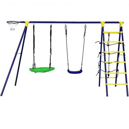 Picture of 5-In-1 Outdoor Kids Swing Set with A-Shaped Metal Frame and Ground Stake