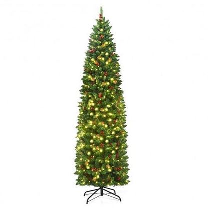 Picture of 7.5 Feet Pre-lit Hinged Pencil Christmas Tree with Pine Cones Red Berries