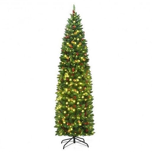 Picture of 7.5 Feet Pre-lit Hinged Pencil Christmas Tree with Pine Cones Red Berries