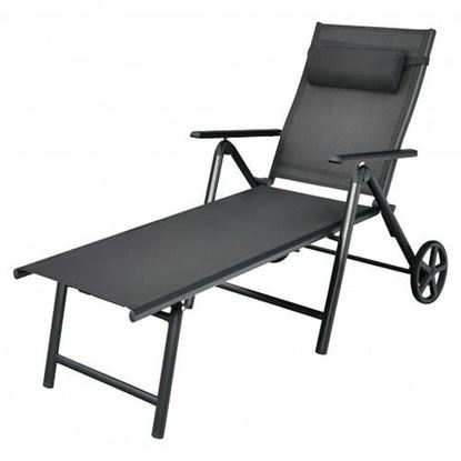 Picture of Patio Lounge Chair with Wheels Neck Pillow Aluminum Frame Adjustable-Gray