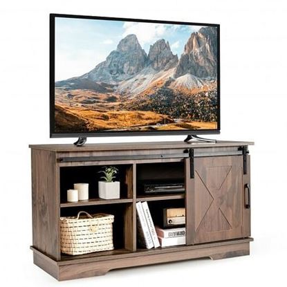 Picture of Sliding Barn Door TV Stand with Adjustable Shelf Cabinet-Dark Walnut