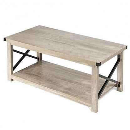 Picture of Rustic Accent Coffee Table Metal X Shaped Side Cocktail Table with Storage Shelf