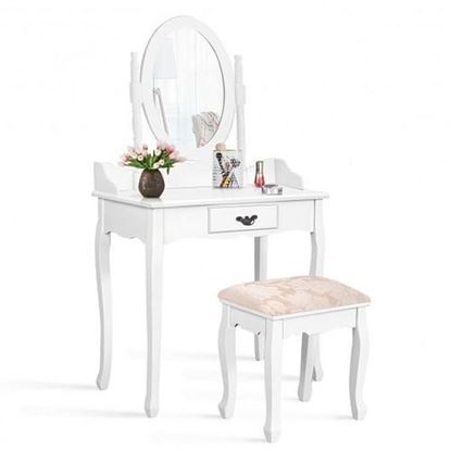 Picture of Wooden Vanity Makeup Set with Cushioned Stool and Oval Rotating Mirror