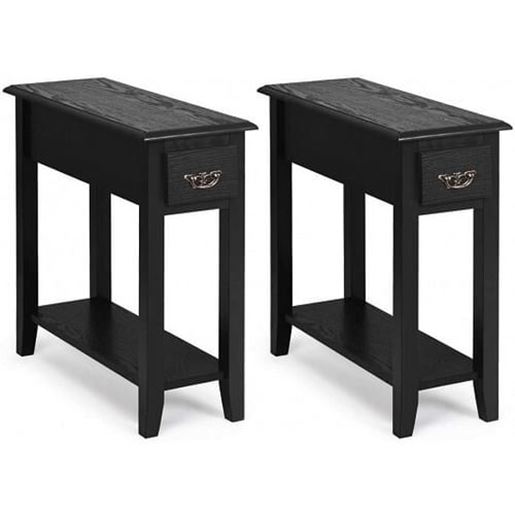 Picture of 2 Pieces 2 Tier Sofa Side End Table with Drawer and Open Shelf-Black