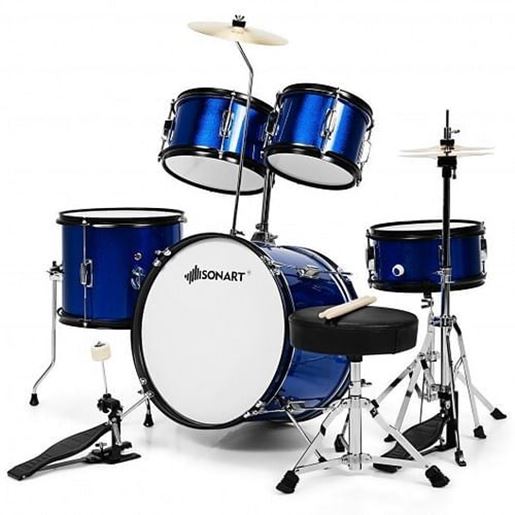 Picture of 16 Inch 5 Pieces Complete Kids Junior Drum Set Children Beginner Kit-Blue