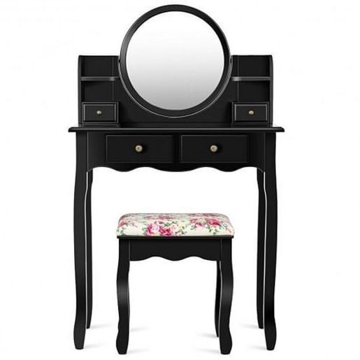 Picture of Makeup Vanity Table Set Girls Dressing Table with Drawers Oval Mirror-Black