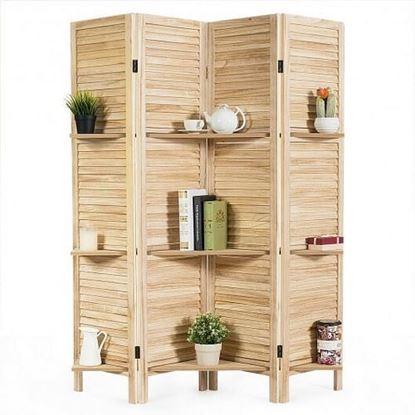 Picture of 4 Panel Folding Room Divider Screen with 3 Display Shelves-Brown