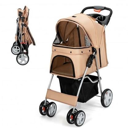 Picture of Foldable 4-Wheel Pet Stroller with Storage Basket-Beige