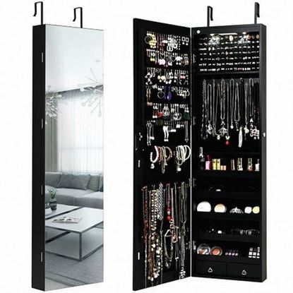 Picture of Wall and Door Mounted Mirrored Jewelry Cabinet with Lights-Black