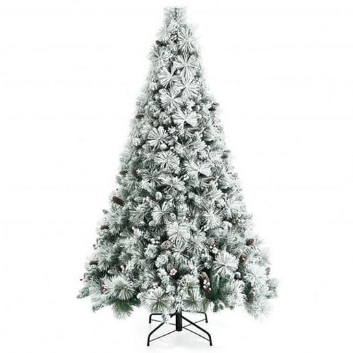 Picture of 7 Feet Snow Flocked Christmas Tree with Pine Cone and Red Berries - Color: Green - Size: 7 ft