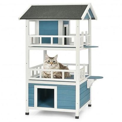 Picture of 2-Story Outdoor Wooden Catio Cat House Shelter with Enclosure