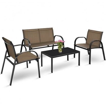 Picture of 4 Pieces Patio Furniture Set with Glass Top Coffee Table-Brown - Color: Brown