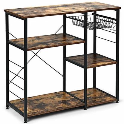 Picture of Industrial Kitchen Baker's Rack Microwave Shelf with 6 Hooks - Color: Rustic Brown