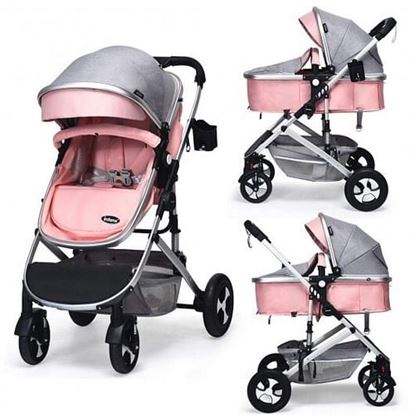 Picture of 2 in 1 High Landscape Convertible Reversible Bassinet Pram-Pink - Color: Pink