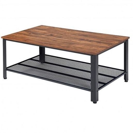 Picture of Metal Frame Wood Coffee Table Console Table with Storage Shelf-Brown - Color: Brown