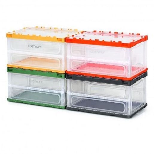 Picture of 4 Pack Collapsible and Stackable Plastic Storage Bins with Attached Lid-M - Size: M