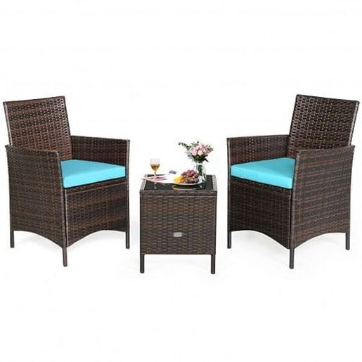 Picture of 3Pcs Patio Rattan Furniture Set Cushioned Sofa and Glass Tabletop Deck-Blue - Color: Blue