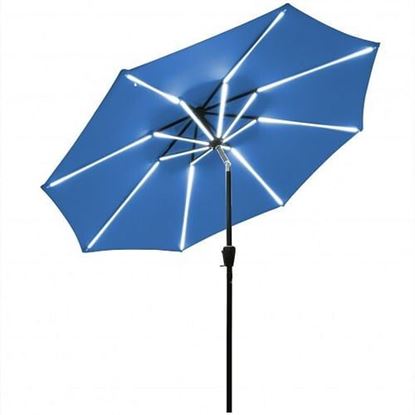 Picture of 9Ft Solar LED Market Umbrella with Aluminum Crank Tilt 16 Strip Lights-Blue - Color: Blue