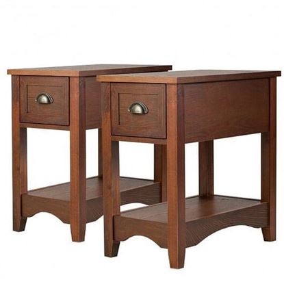 Picture of Set of 2 Contemporary Side End Table with Drawer -Walnut - Color: Walnut