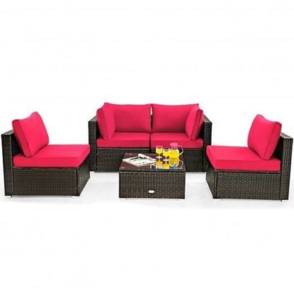 Picture of 5 Pieces Cushioned Patio Rattan Furniture Set with Glass Table-Red - Color: Red