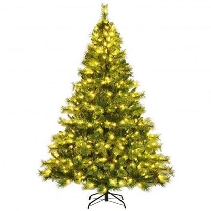 Picture of Pre-lit Hinged Christmas Tree wth Glitter Tips and Pine Cones - Color: Green - Size: 7 ft