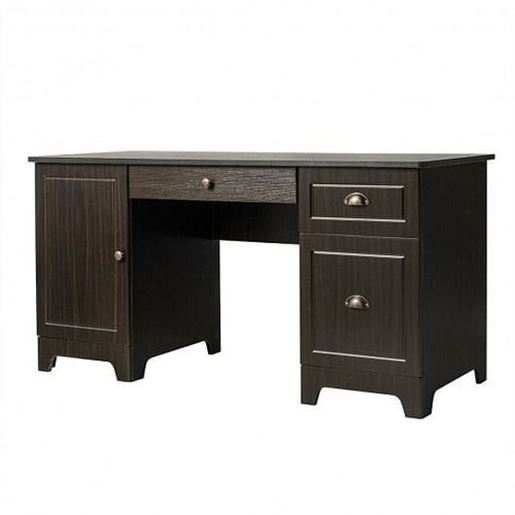 Picture of 59" Computer Desk with Drawers & Storage Cabinet-Brown - Color: Brown