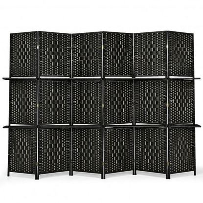 Picture of 6 Panel Folding Weave Fiber Room Divider with 2 Display Shelves -Black - Color: Black