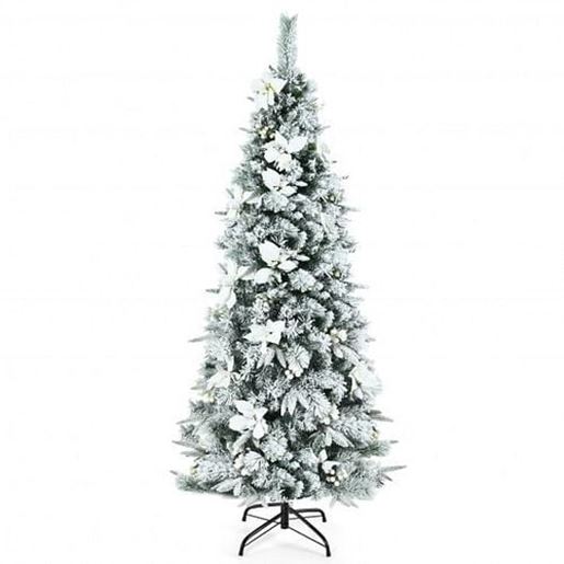 Picture of Pre-lit Snow Flocked Christmas Tree with Berries and Poinsettia Flowers-6' - Color: White - Size: 6 ft