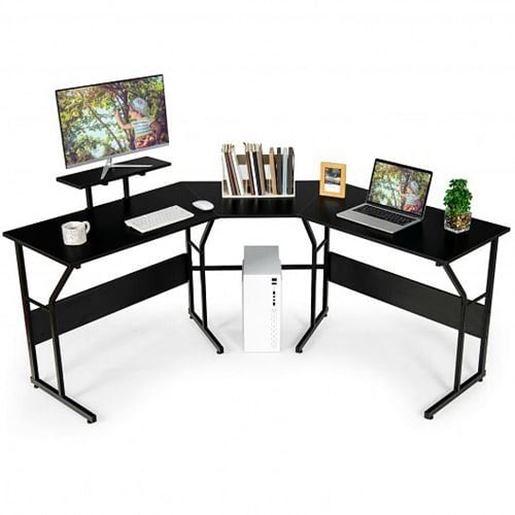 Picture of 88.5 Inch L Shaped Reversible Computer Desk Table with Monitor Stand-Black - Color: Black