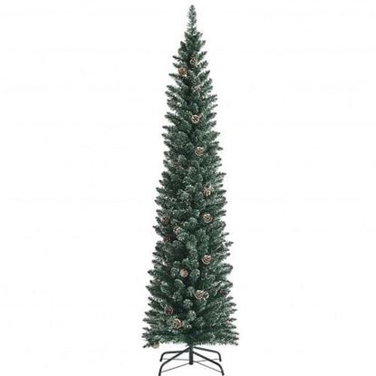 Picture of Snowy Artificial Pencil Christmas Tree with Pine Cones-7 ft - Color: Green - Size: 7 ft