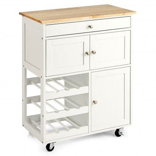 Picture of Kitchen Cart with Rubber Wood Top 3 Tier Wine Racks 2 Cabinets-White - Color: White