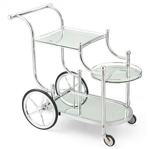 Picture of Kitchen Glass Shelves Metal Frame Serving Rolling Cart