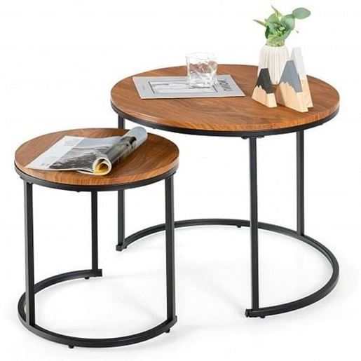 Picture of Set of 2 Modern Round Nesting Coffee Table for Balcony and Living Room-Brown - Color: Brown