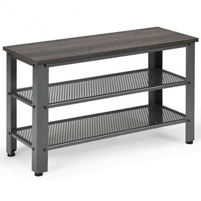 Picture of 3-Tier Shoe Rack Industrial Shoe Bench with Storage Shelves-Black - Color: Black