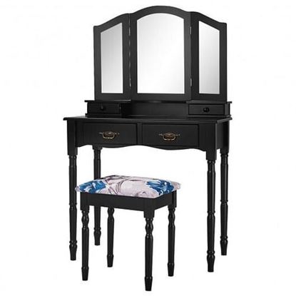 Picture of Simple Vanity Set with Tri-Folding Mirror Drawers and Storage Shelf-Black - Color: Black