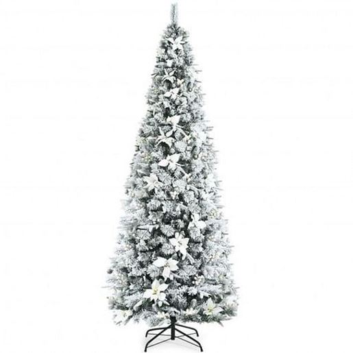 Picture of Pre-lit Snow Flocked Christmas Tree with Berries and Poinsettia Flowers-8' - Color: White - Size: 8 ft