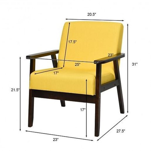 Picture of Solid Rubber Wood Fabric Accent Armchair-Yellow - Color: Yellow