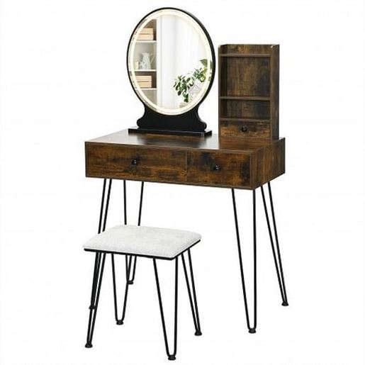 Picture of Vanity Table Set with Lighted Mirror and Cushion Stool-Brown - Color: Brown